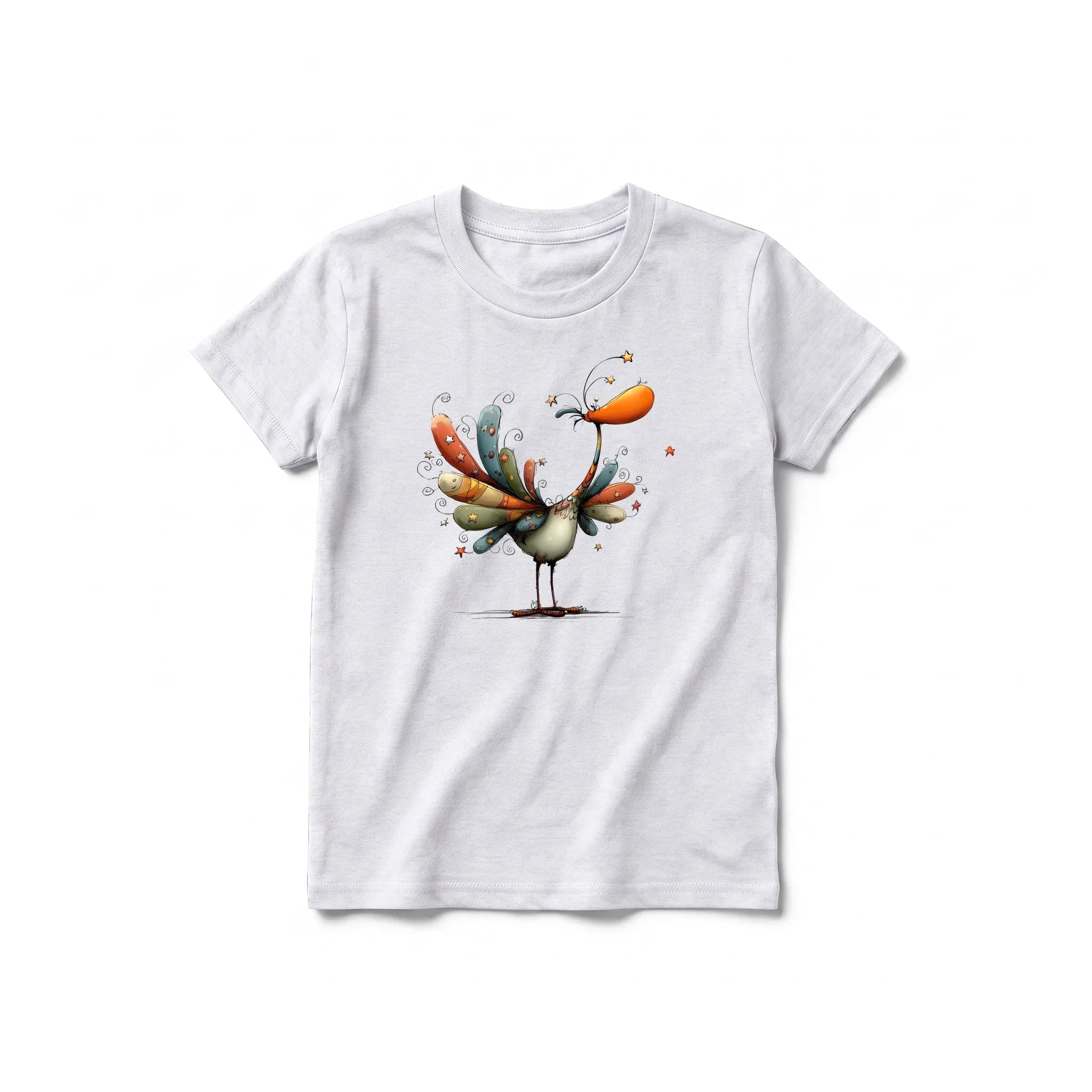 A ash grey short-sleeve crewneck t-shirt for youth featuring a graphic of a quirky bird on the front.