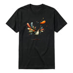 A black short-sleeve crewneck t-shirt for adult featuring a graphic of a quirky bird on the front.