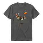 A charcoal short-sleeve crewneck t-shirt for adult featuring a graphic of a quirky bird on the front.