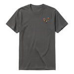 A charcoal short-sleeve crewneck t-shirt for adult featuring a graphic of a quirky bird on the left chest.