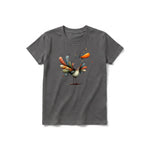 A charcoal short-sleeve crewneck t-shirt for youth featuring a graphic of a quirky bird on the front.