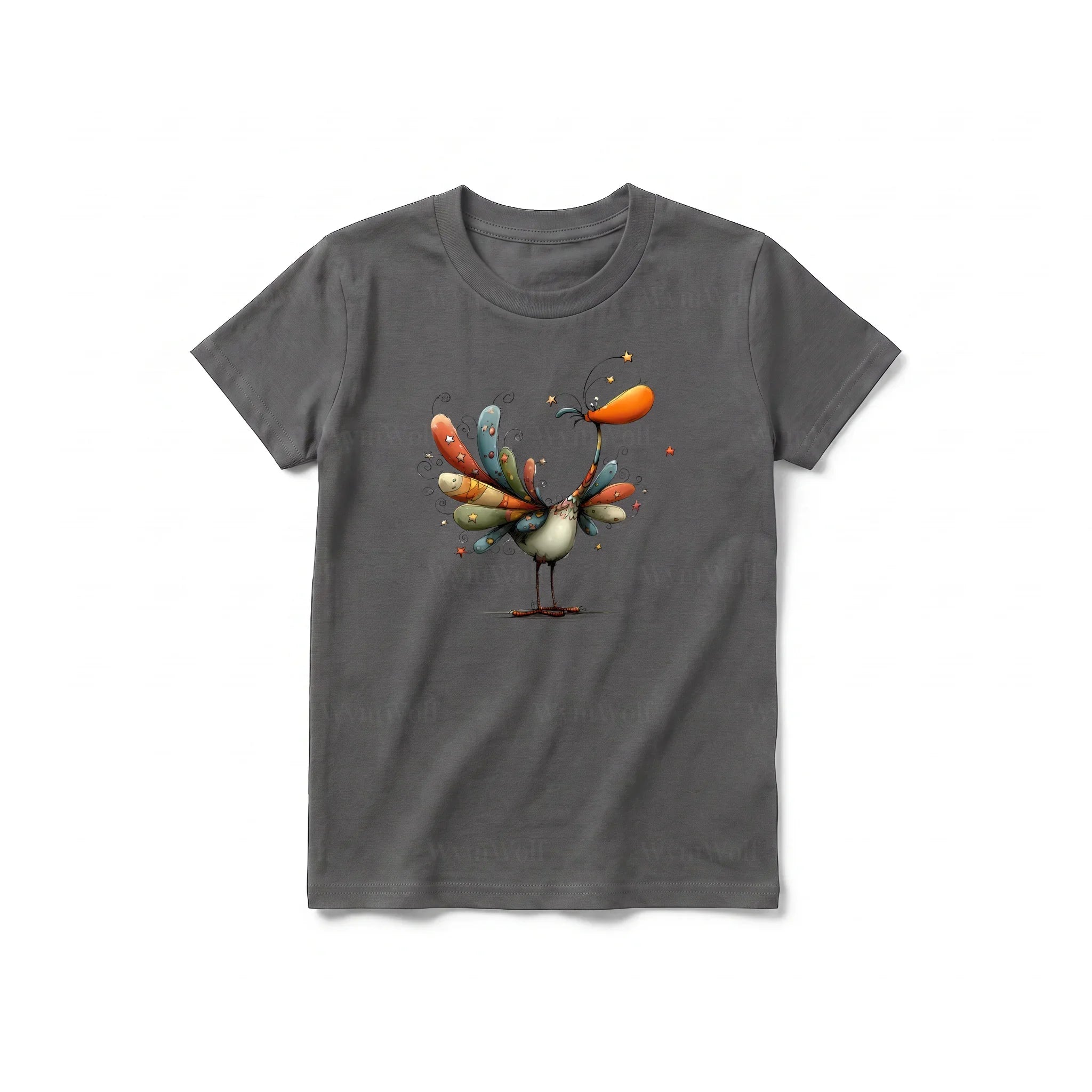 A charcoal short-sleeve crewneck t-shirt for youth featuring a graphic of a quirky bird on the front.