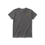 A charcoal short-sleeve crewneck t-shirt for youth featuring a graphic of a quirky bird on the left chest.