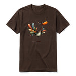 A chocolate short-sleeve crewneck t-shirt for adult featuring a graphic of a quirky bird on the front.
