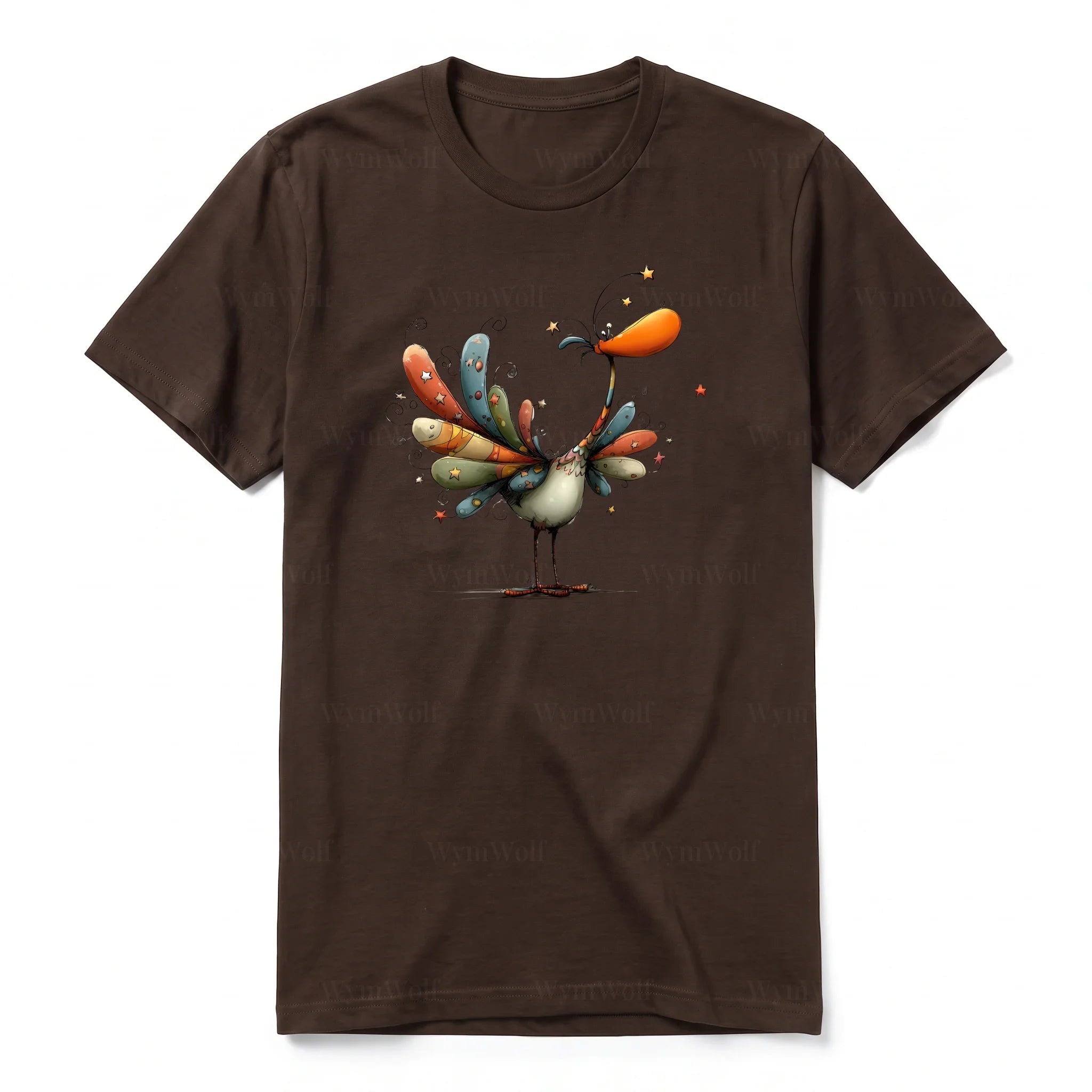 A chocolate short-sleeve crewneck t-shirt for adult featuring a graphic of a quirky bird on the front.