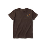A chocolate short-sleeve crewneck t-shirt for youth featuring a graphic of a quirky bird on the left chest.