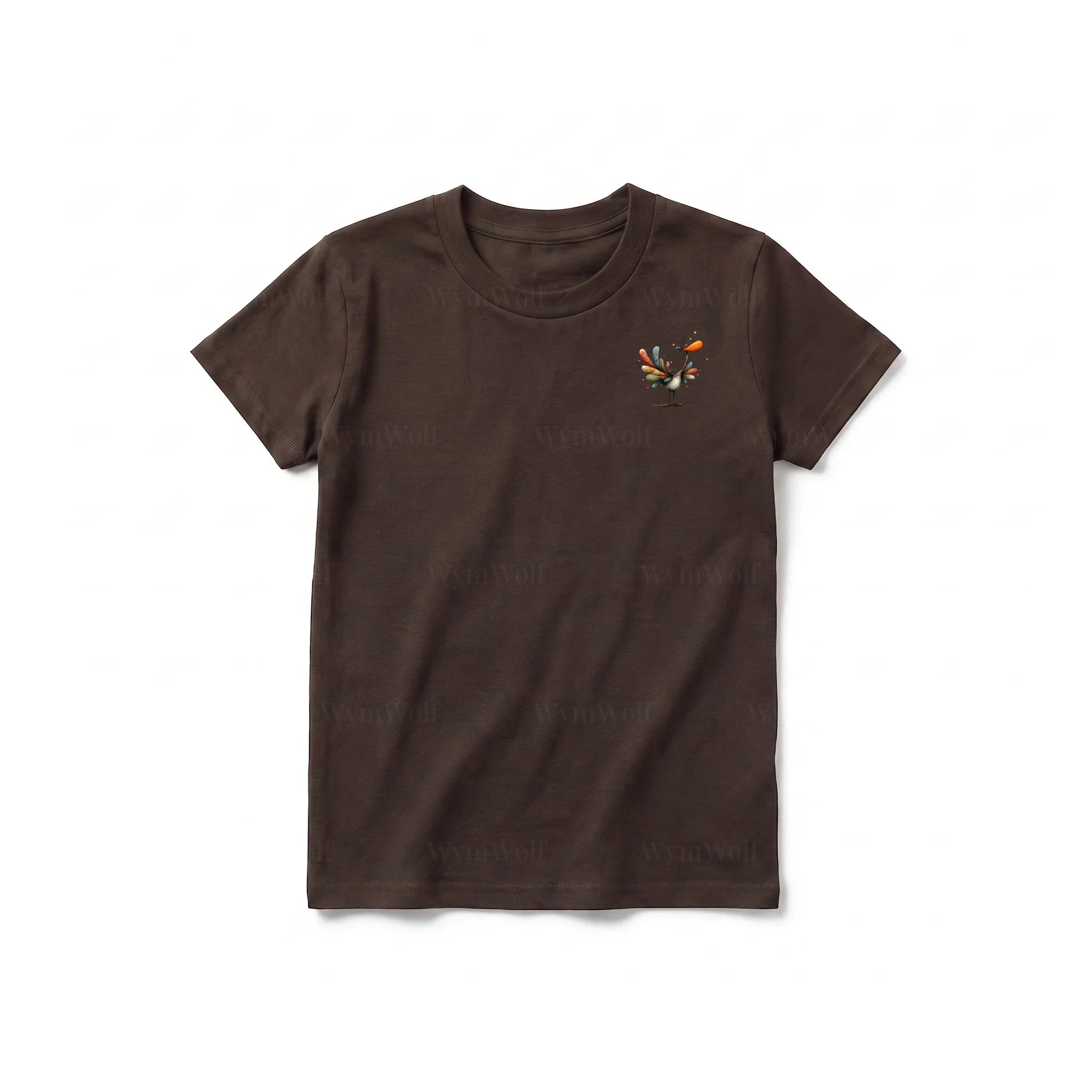 A chocolate short-sleeve crewneck t-shirt for youth featuring a graphic of a quirky bird on the left chest.