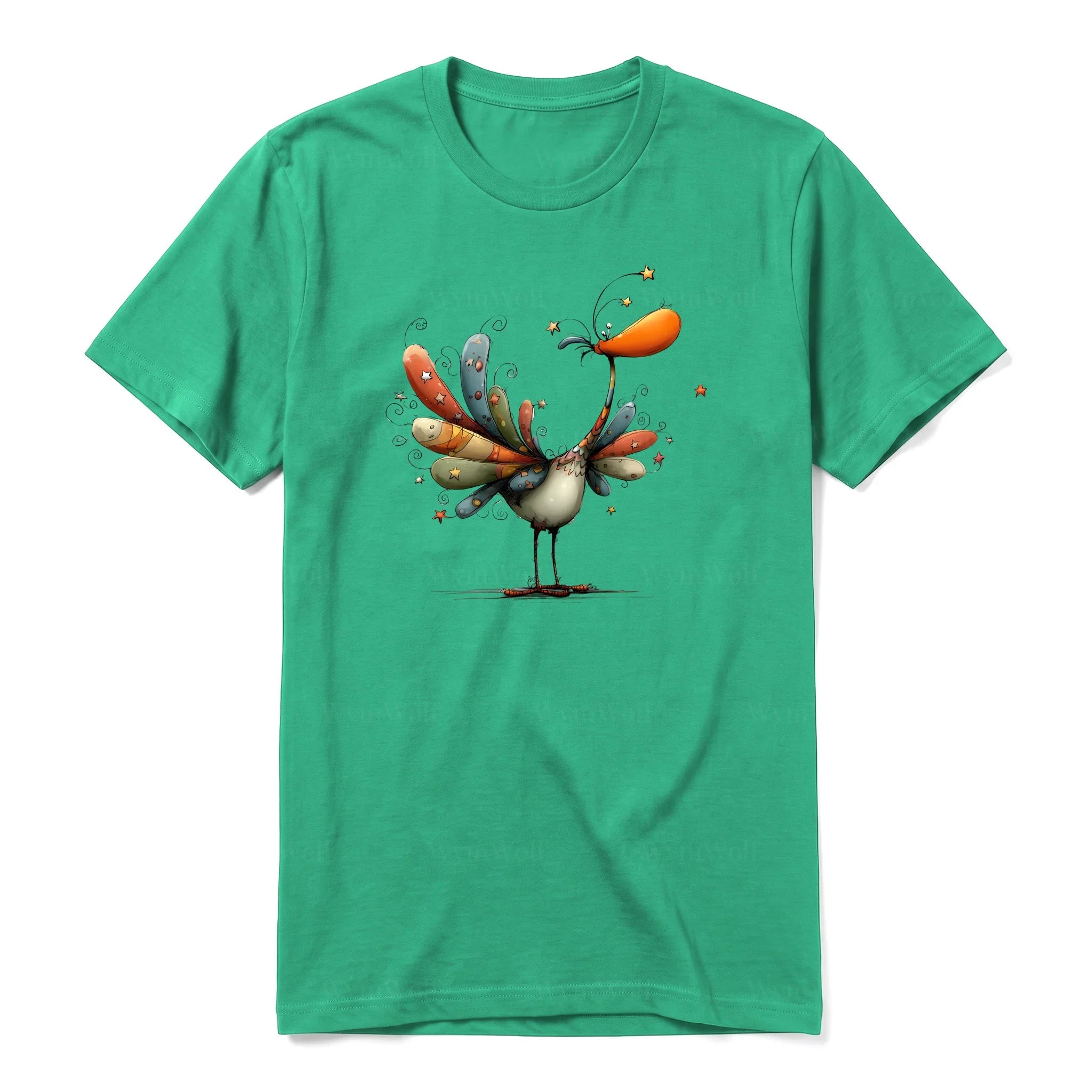 Un T-shirt kelly à manches courtes et col rond, orné d'un motif représentant un oiseau excentrique sur le devant.