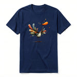 A navy short-sleeve crewneck t-shirt for adult featuring a graphic of a quirky bird on the front.