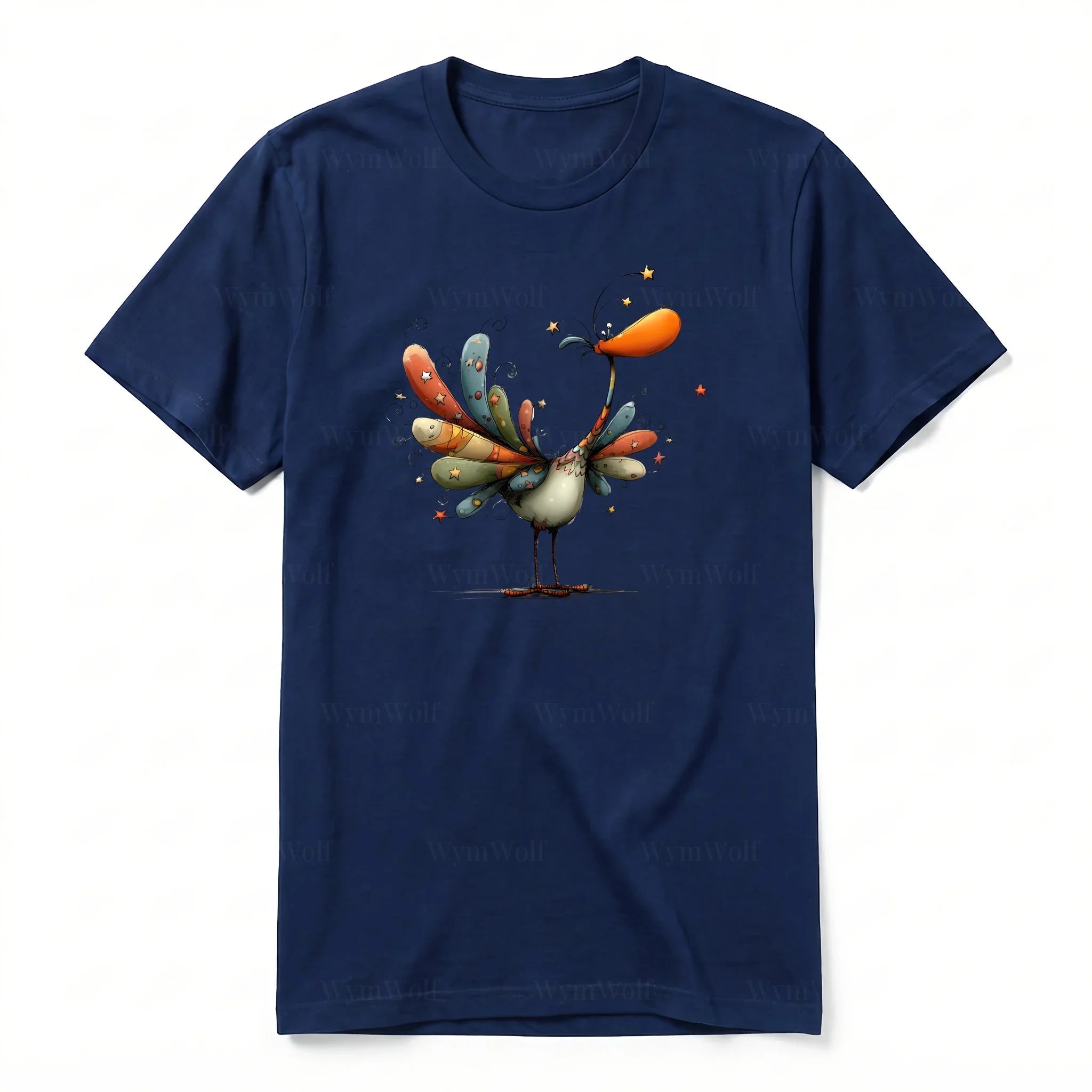 A navy short-sleeve crewneck t-shirt for adult featuring a graphic of a quirky bird on the front.