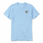 A powder short-sleeve crewneck t-shirt for adult featuring a graphic of a quirky bird on the left chest.