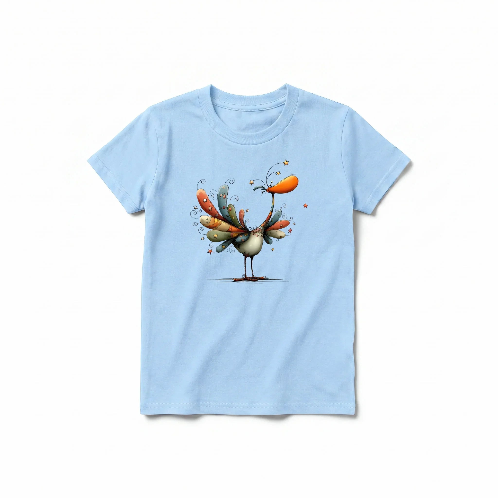 A powder short-sleeve crewneck t-shirt for youth featuring a graphic of a quirky bird on the front.