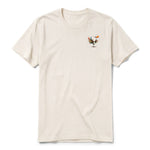 A vintage-white short-sleeve crewneck t-shirt for adult featuring a graphic of a quirky bird on the left chest.
