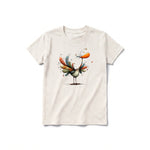 A vintage-white short-sleeve crewneck t-shirt for youth featuring a graphic of a quirky bird on the front.