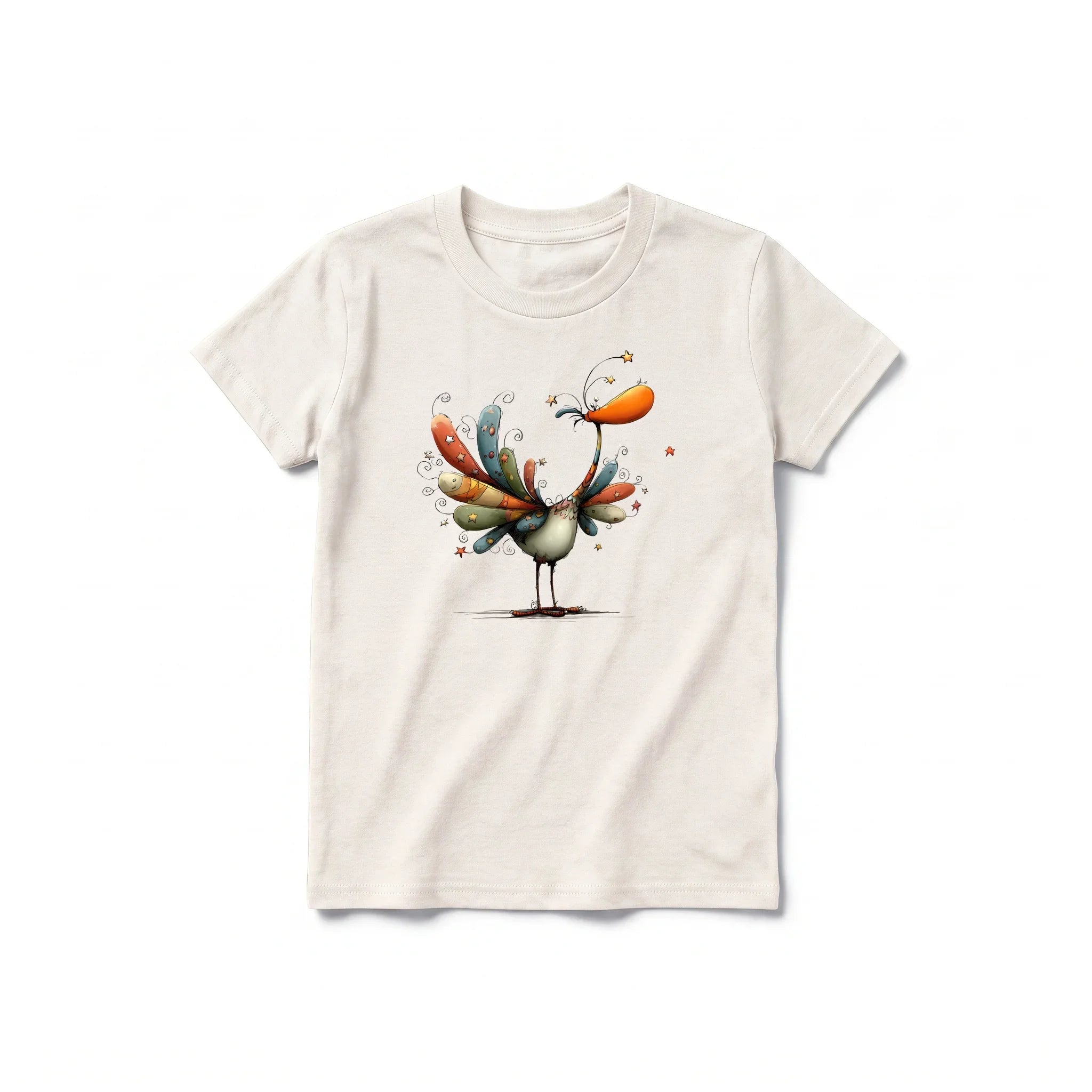 A vintage-white short-sleeve crewneck t-shirt for youth featuring a graphic of a quirky bird on the front.