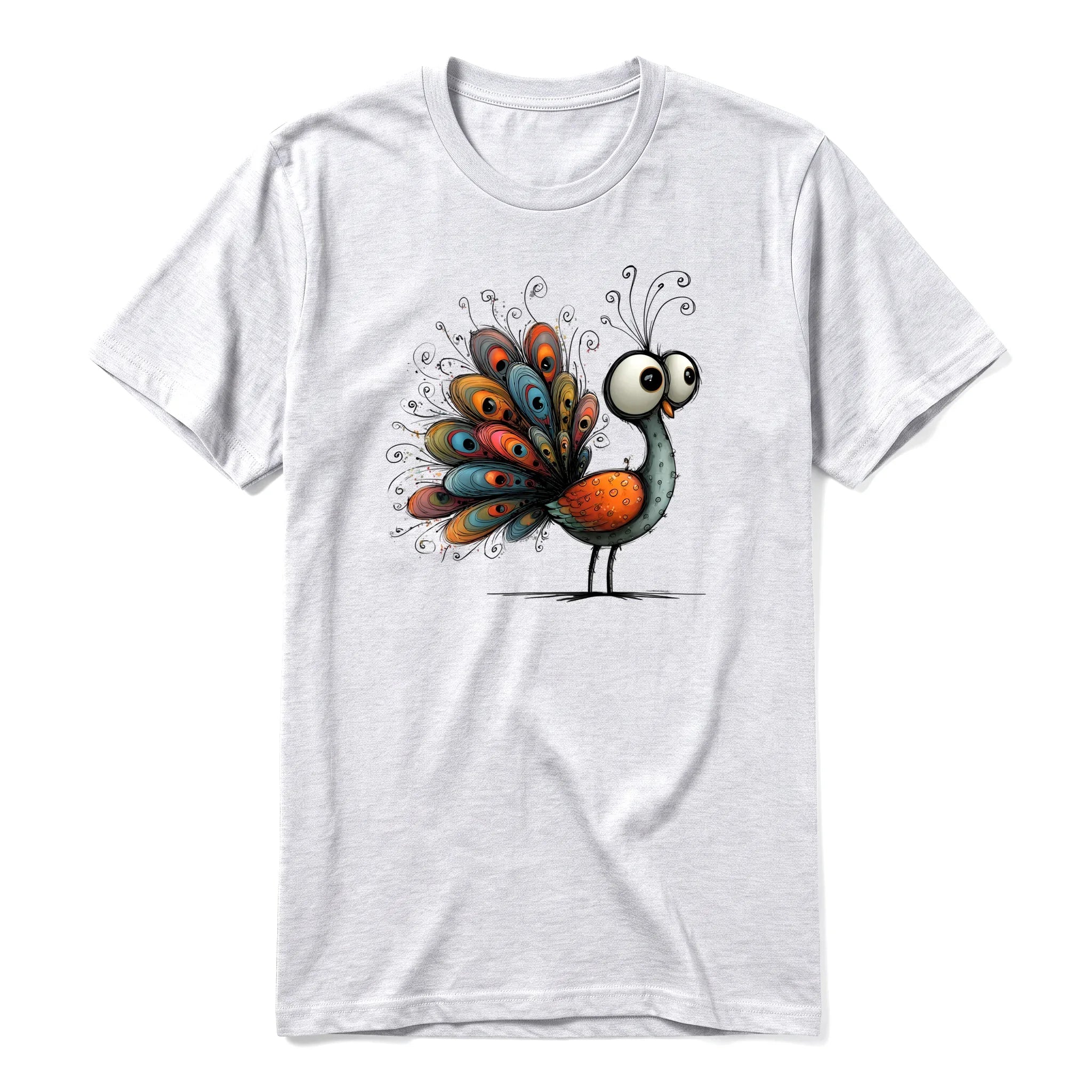 Un T-shirt gris cendré à manches courtes et col rond, orné d'un motif représentant un oiseau excentrique sur le devant.