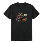 A black short-sleeve crewneck t-shirt for adult featuring a graphic of a quirky bird on the front.