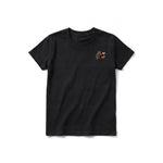 A black short-sleeve crewneck t-shirt for youth featuring a graphic of a quirky bird on the left chest.