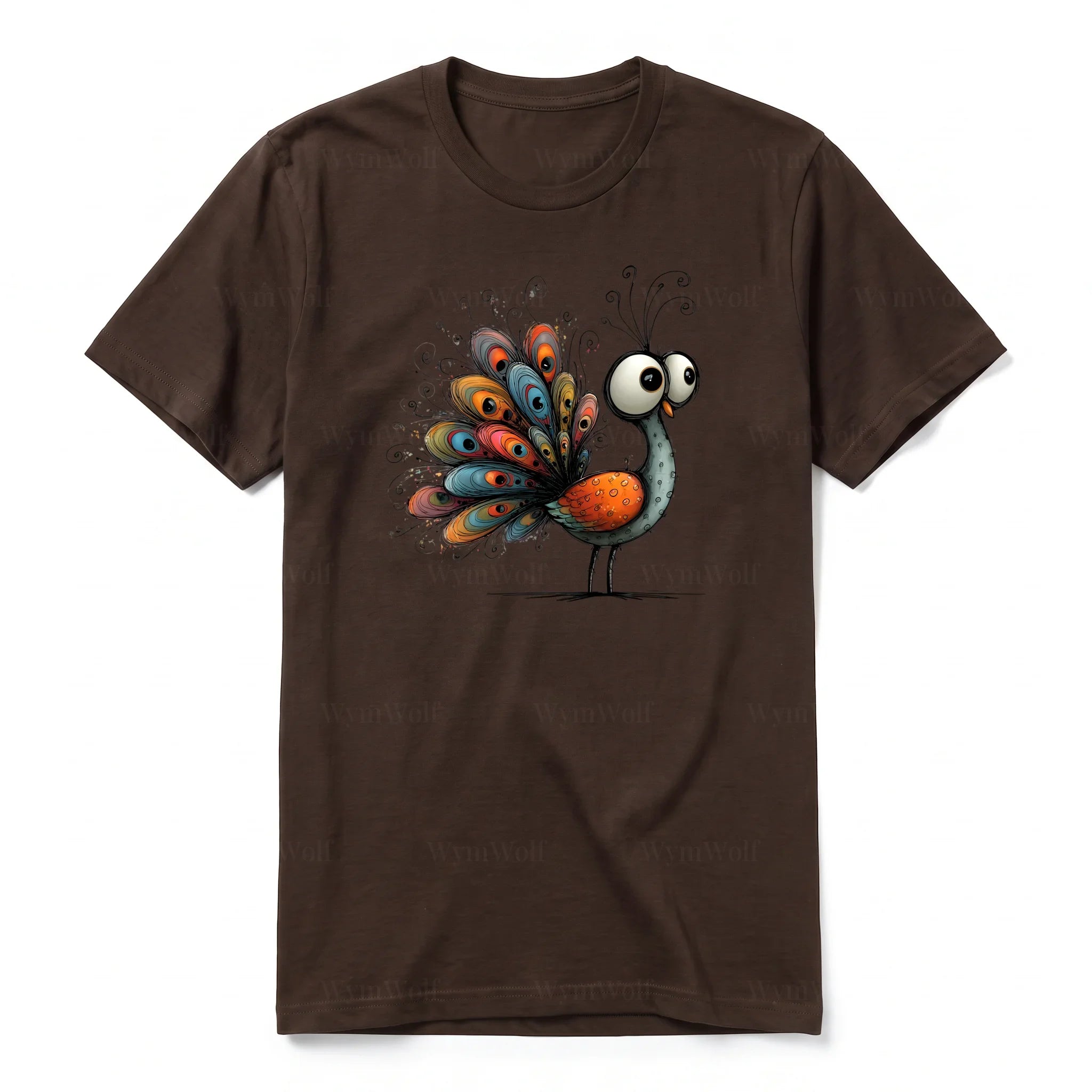 Un T-shirt chocolat à manches courtes et col rond, orné d'un motif représentant un oiseau excentrique sur le devant.