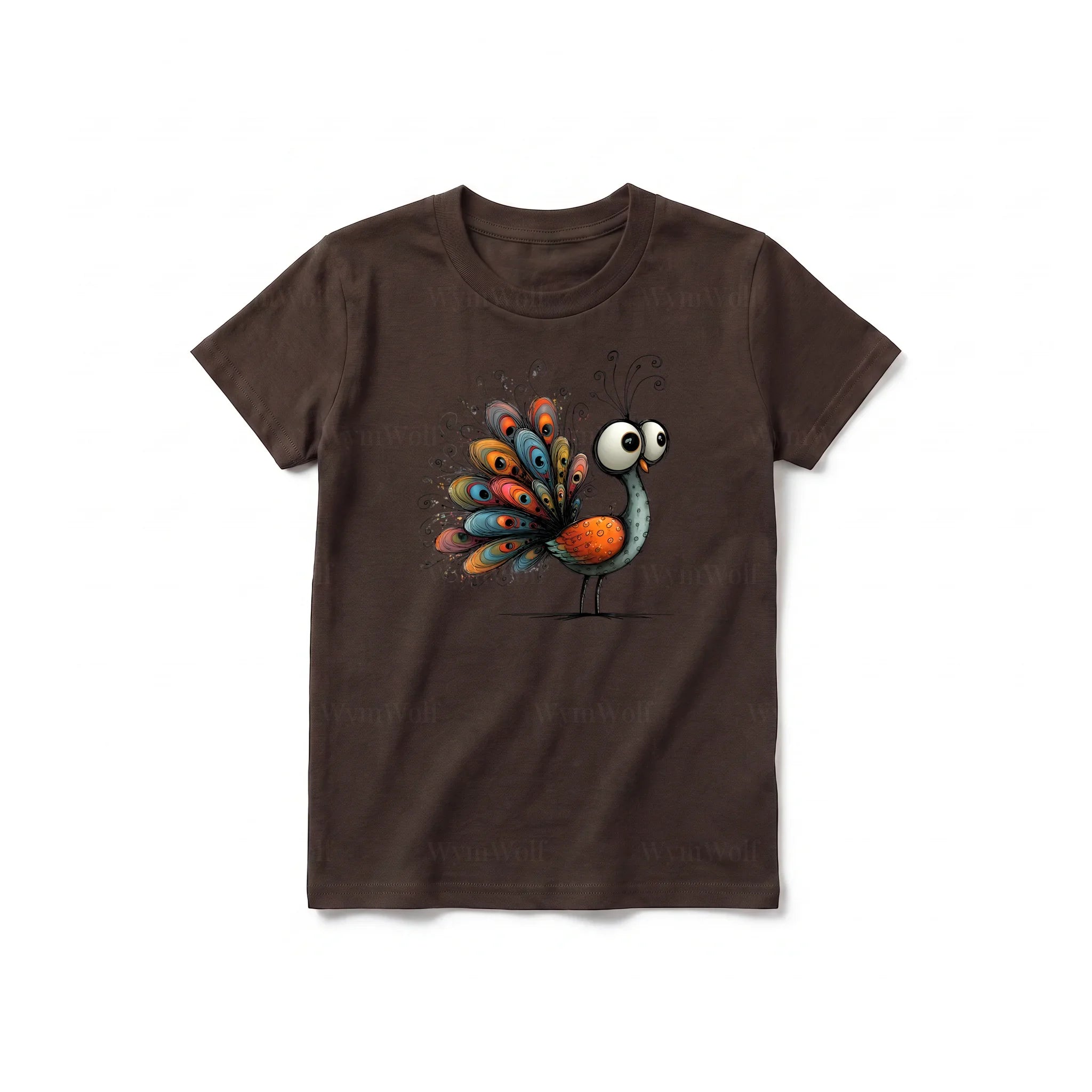 Un T-shirt chocolat à manches courtes et col rond pour jeune, orné d'un motif représentant un oiseau excentrique sur le devant.