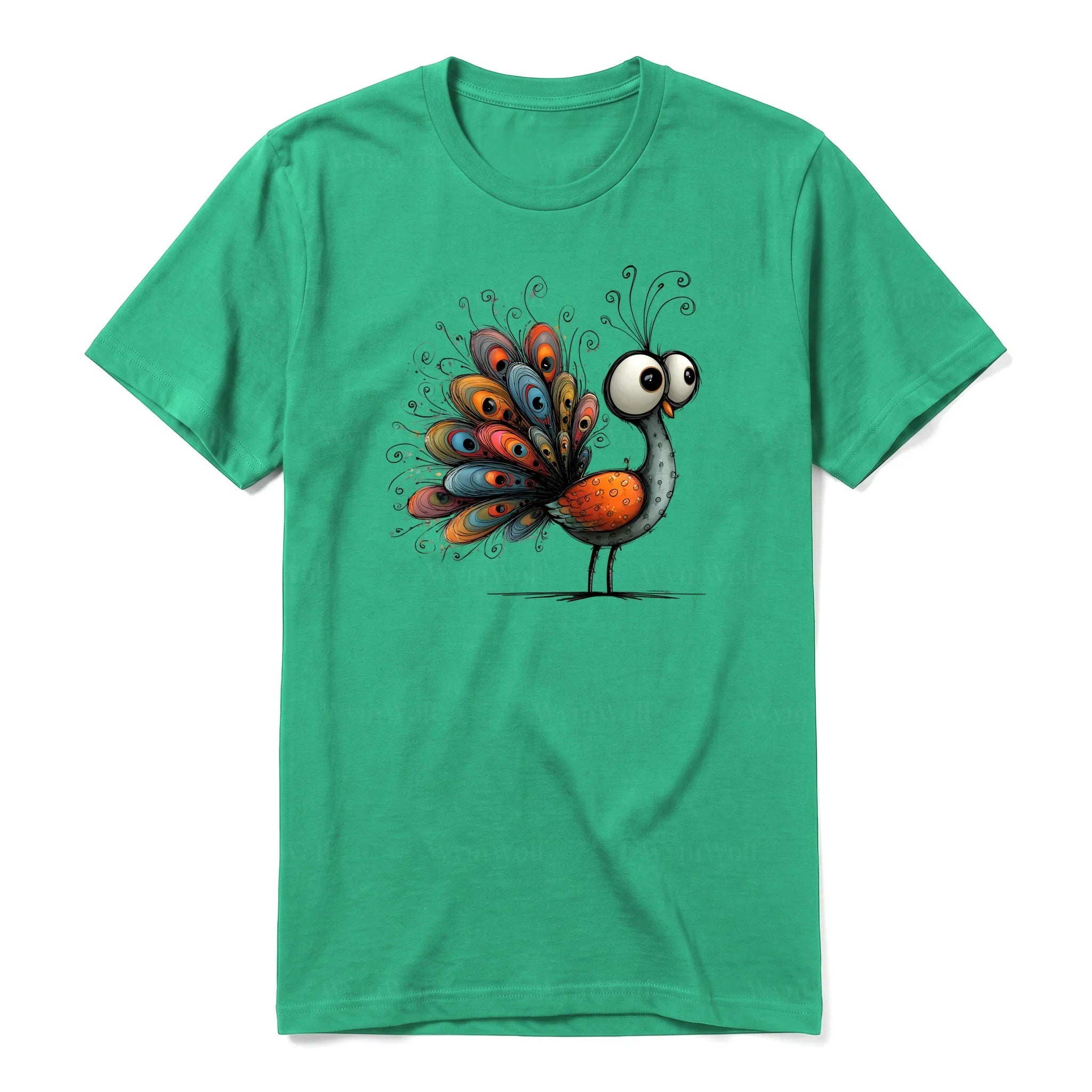 A kelly short-sleeve crewneck t-shirt for adult featuring a graphic of a quirky bird on the front.