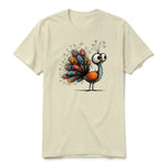 A latte short-sleeve crewneck t-shirt for adult featuring a graphic of a quirky bird on the front.
