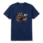 A navy short-sleeve crewneck t-shirt for adult featuring a graphic of a quirky bird on the front.