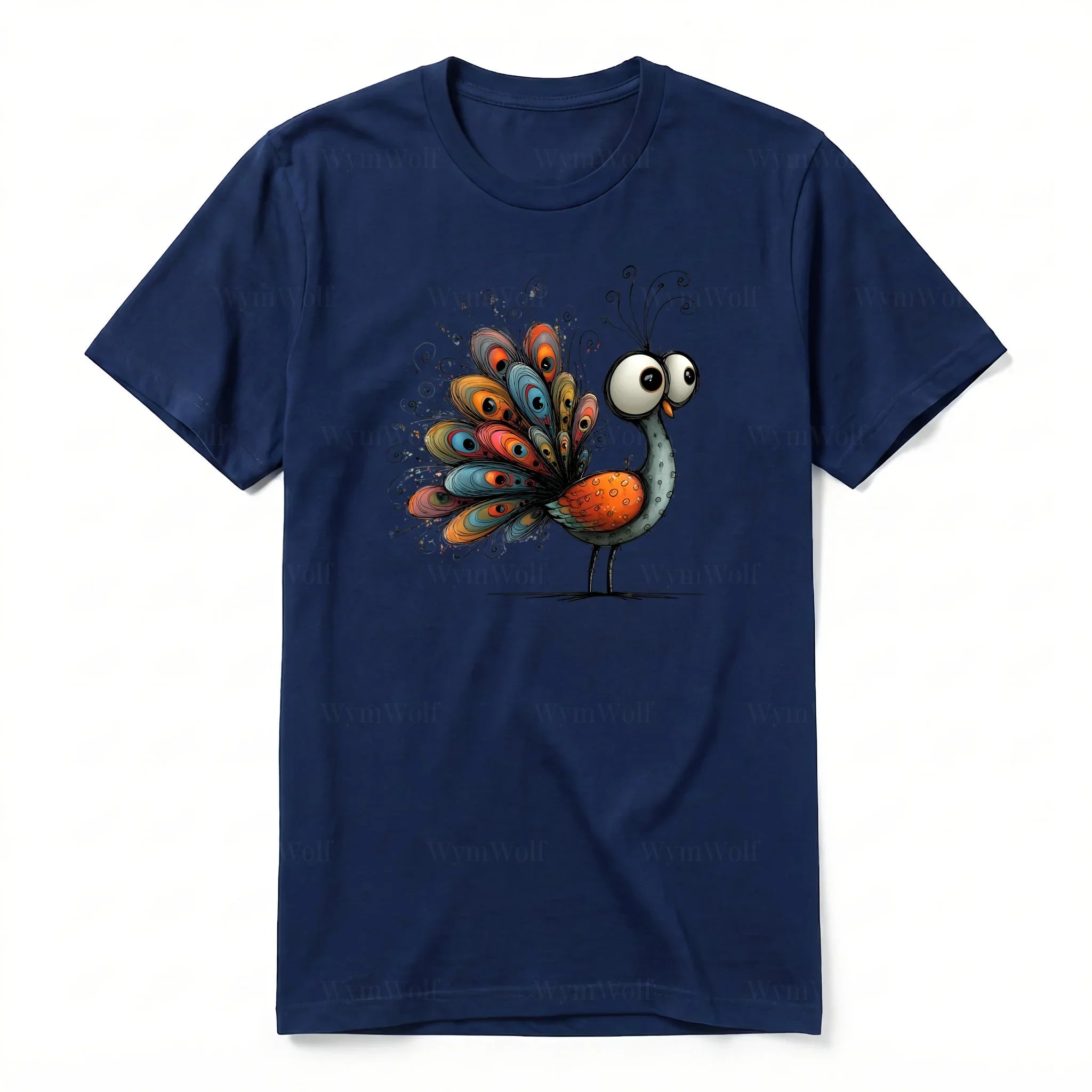 A navy short-sleeve crewneck t-shirt for adult featuring a graphic of a quirky bird on the front.