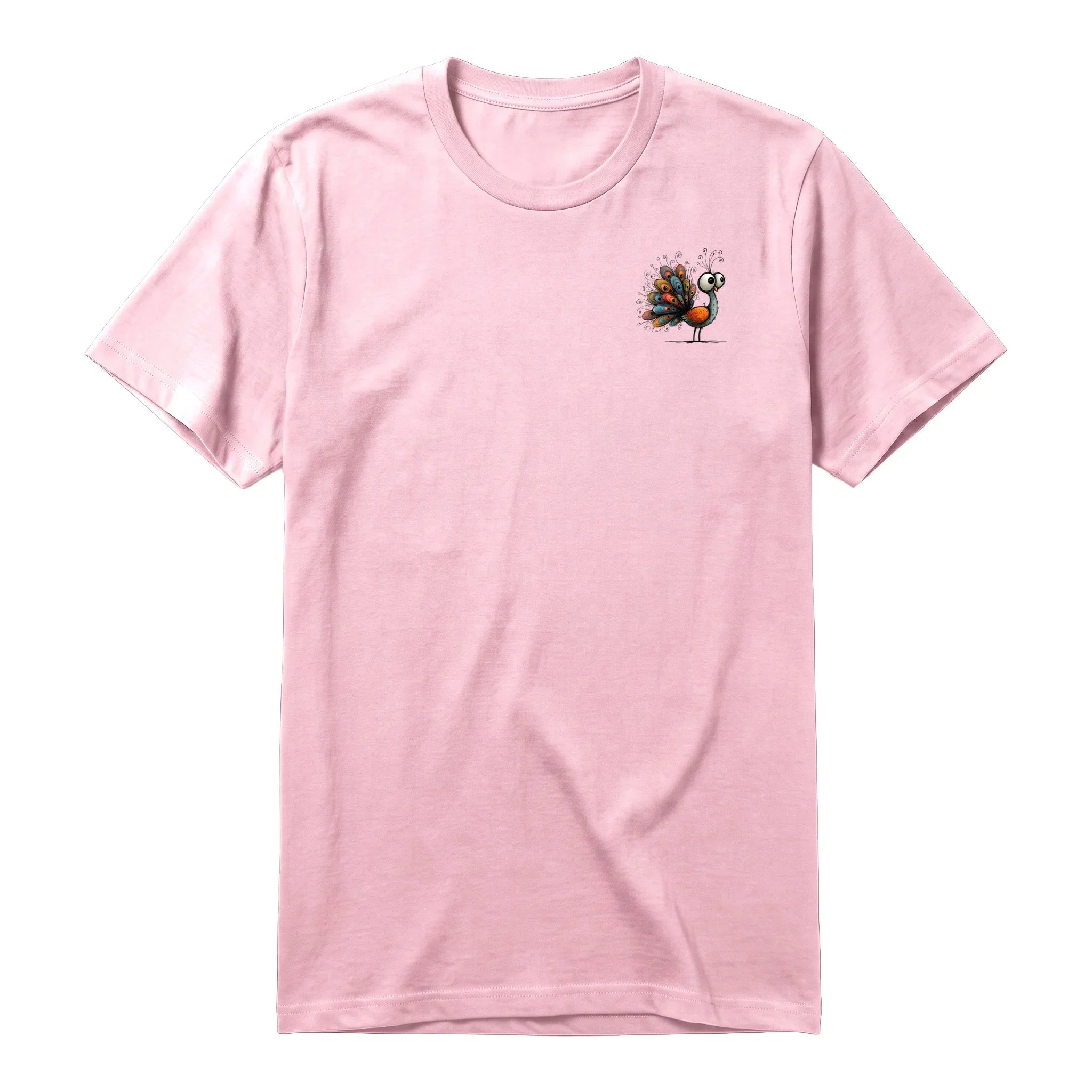A pink short-sleeve crewneck t-shirt for adult featuring a graphic of a quirky bird on the left chest.
