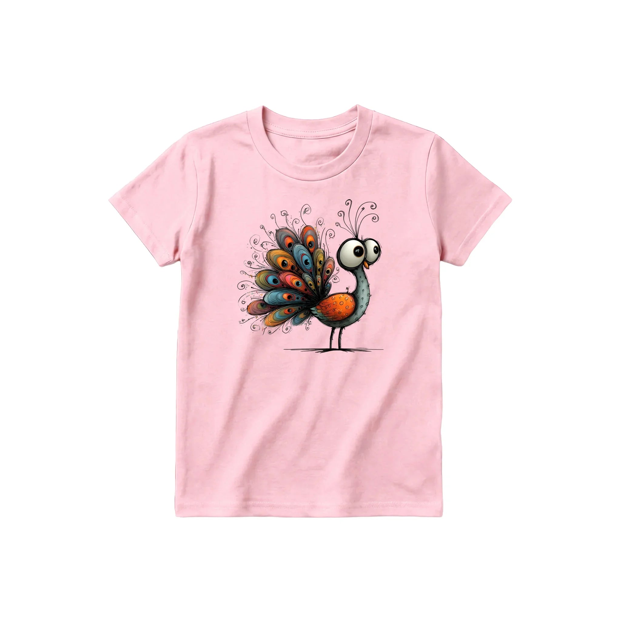 A pink short-sleeve crewneck t-shirt for youth featuring a graphic of a quirky bird on the front.