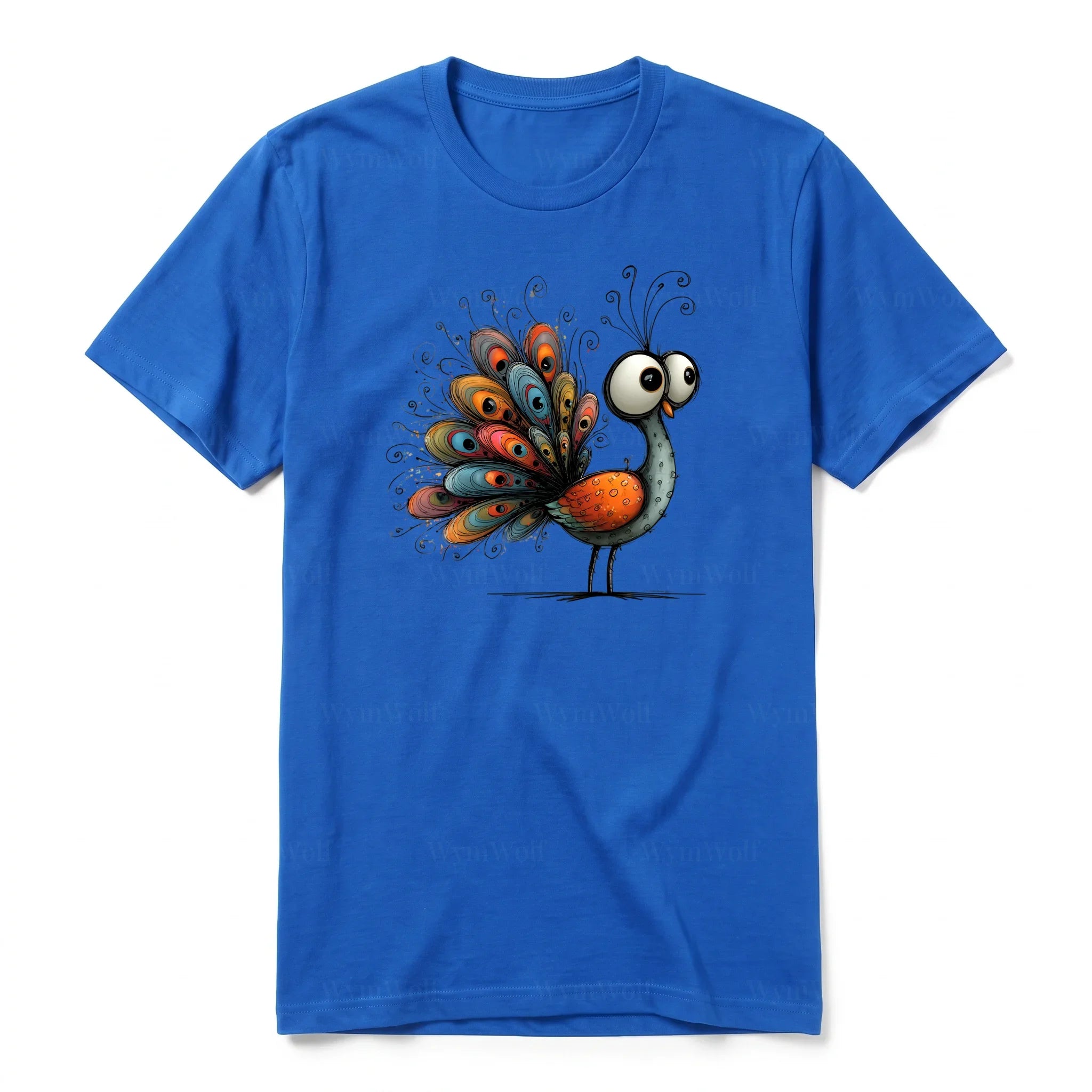 A royal short-sleeve crewneck t-shirt for adult featuring a graphic of a quirky bird on the front.