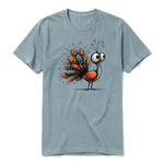A sage short-sleeve crewneck t-shirt for adult featuring a graphic of a quirky bird on the front.