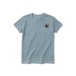 A sage short-sleeve crewneck t-shirt for youth featuring a graphic of a quirky bird on the left chest.
