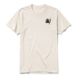 A vintage-white short-sleeve crewneck t-shirt for adult featuring a graphic of a quirky bird on the left chest.
