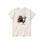 A vintage-white short-sleeve crewneck t-shirt for youth featuring a graphic of a quirky bird on the front.