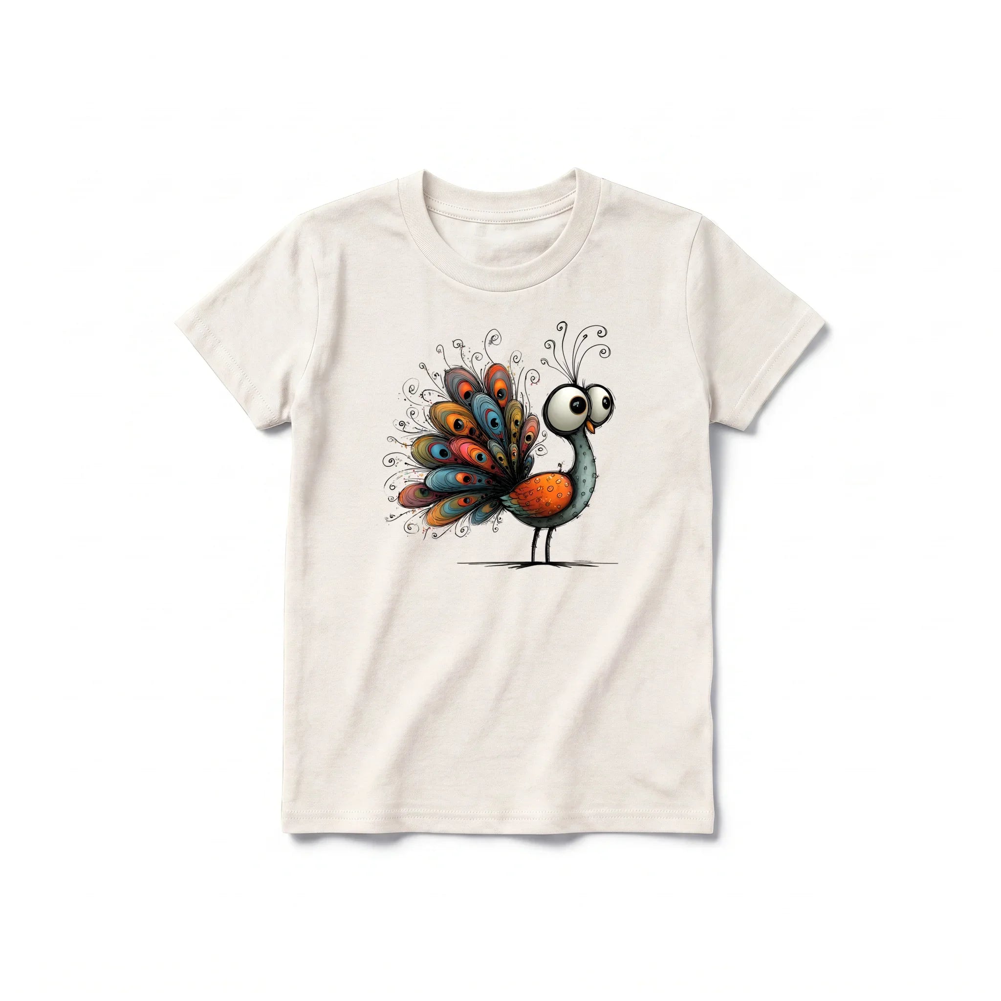 A vintage-white short-sleeve crewneck t-shirt for youth featuring a graphic of a quirky bird on the front.