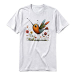 A ash grey short-sleeve crewneck t-shirt for adult featuring a graphic of a quirky bird on the front.