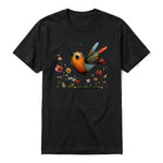 A black short-sleeve crewneck t-shirt for adult featuring a graphic of a quirky bird on the front.