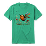 A kelly short-sleeve crewneck t-shirt for adult featuring a graphic of a quirky bird on the front.
