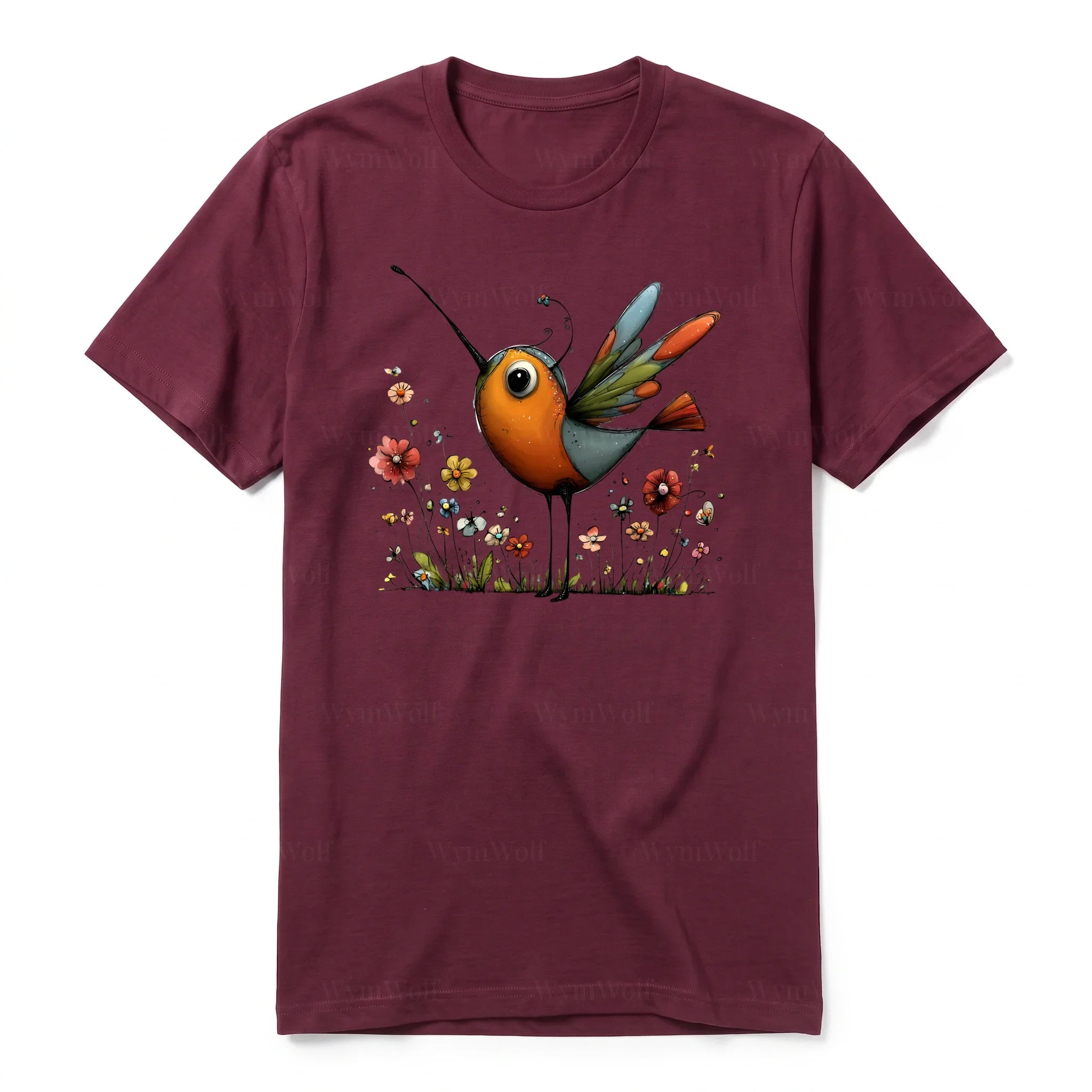 A maroon short-sleeve crewneck t-shirt for adult featuring a graphic of a quirky bird on the front.