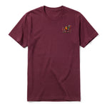 A maroon short-sleeve crewneck t-shirt for adult featuring a graphic of a quirky bird on the left chest.