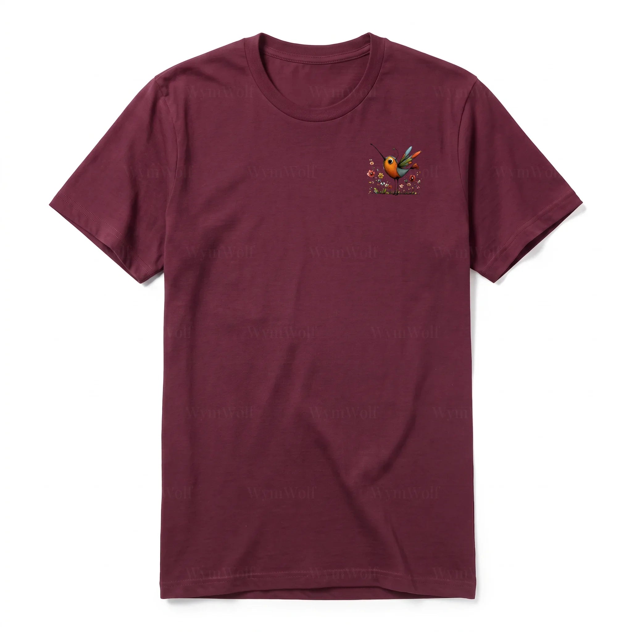 A maroon short-sleeve crewneck t-shirt for adult featuring a graphic of a quirky bird on the left chest.