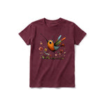 A maroon short-sleeve crewneck t-shirt for youth featuring a graphic of a quirky bird on the front.