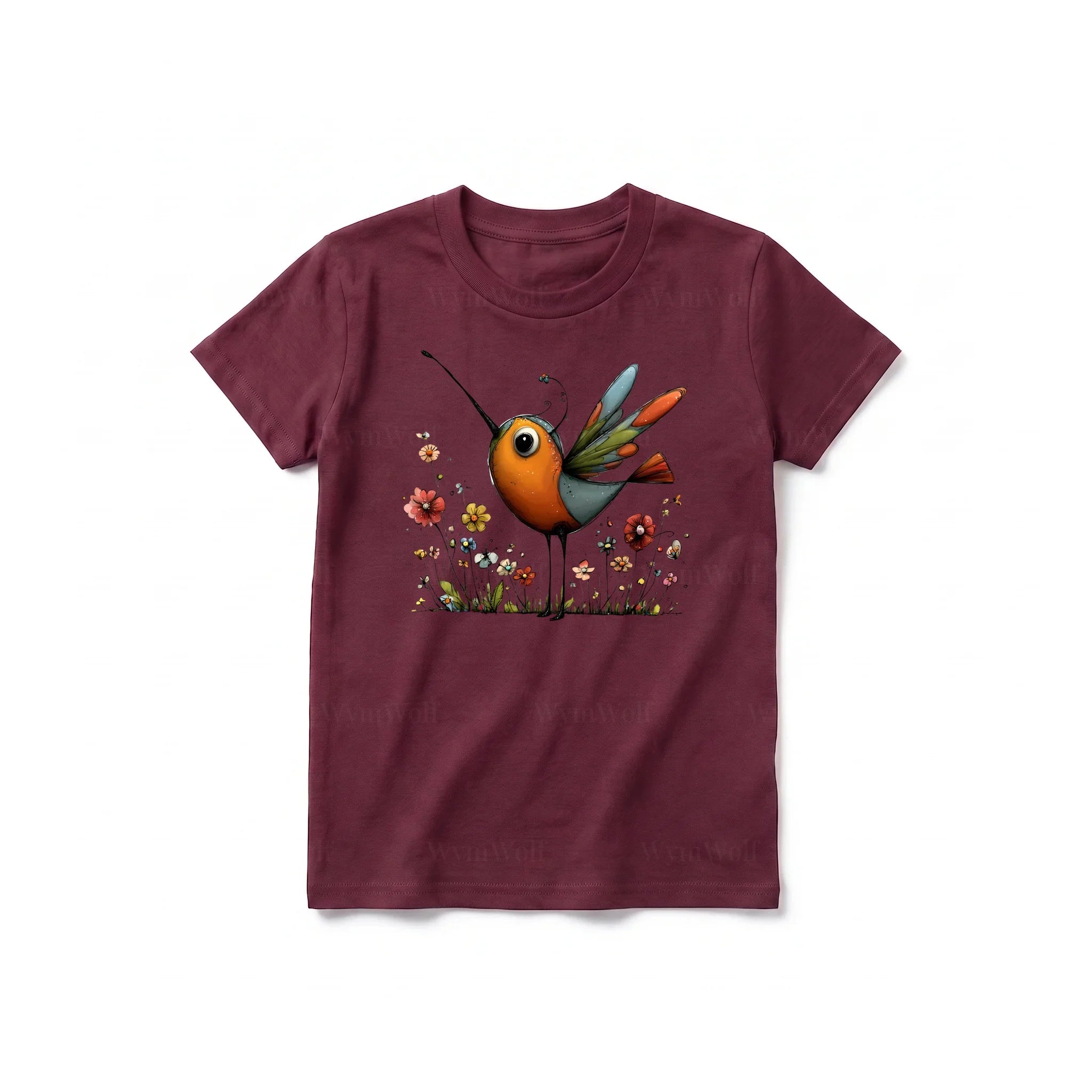 A maroon short-sleeve crewneck t-shirt for youth featuring a graphic of a quirky bird on the front.