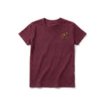 A maroon short-sleeve crewneck t-shirt for youth featuring a graphic of a quirky bird on the left chest.