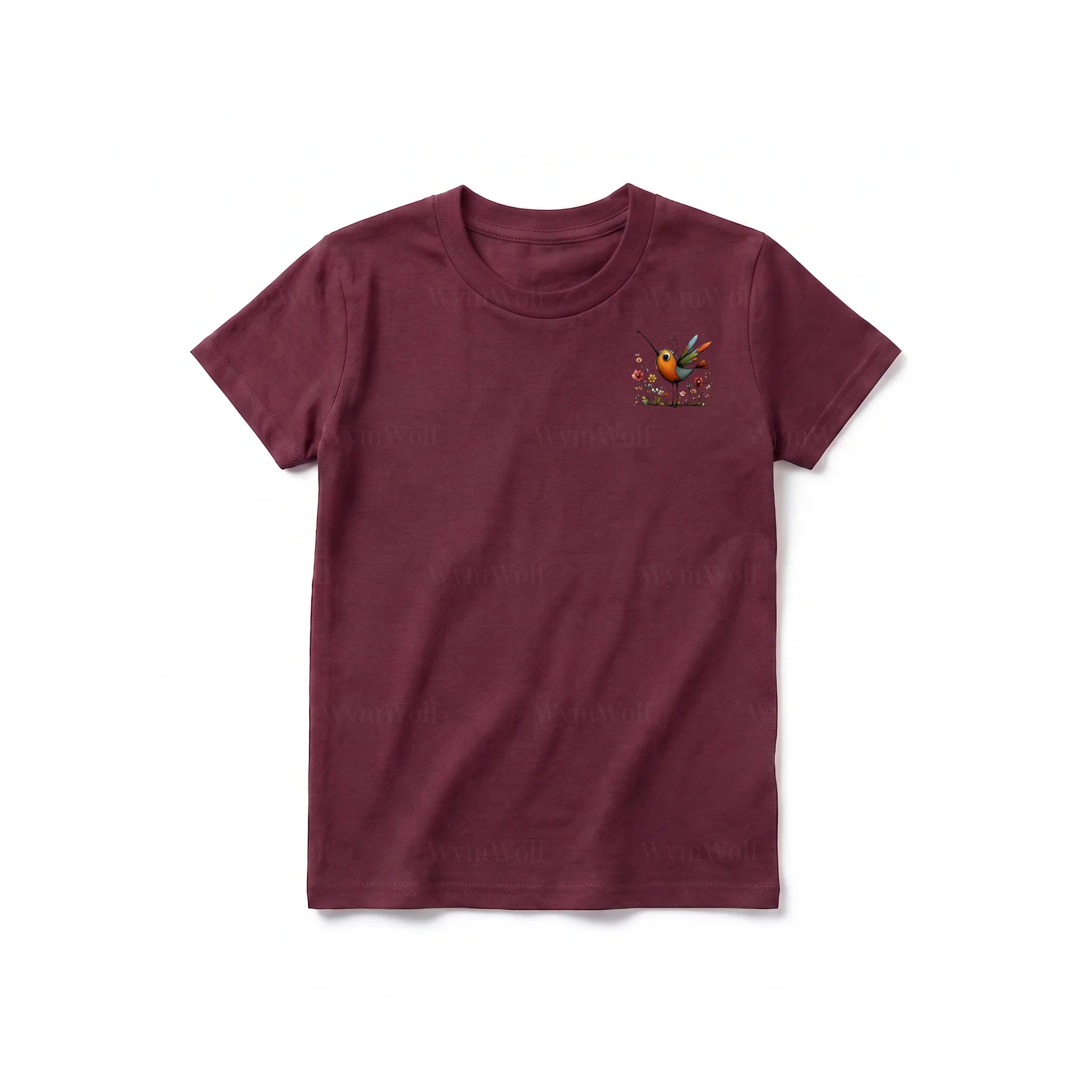 A maroon short-sleeve crewneck t-shirt for youth featuring a graphic of a quirky bird on the left chest.