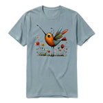 A sage short-sleeve crewneck t-shirt for adult featuring a graphic of a quirky bird on the front.