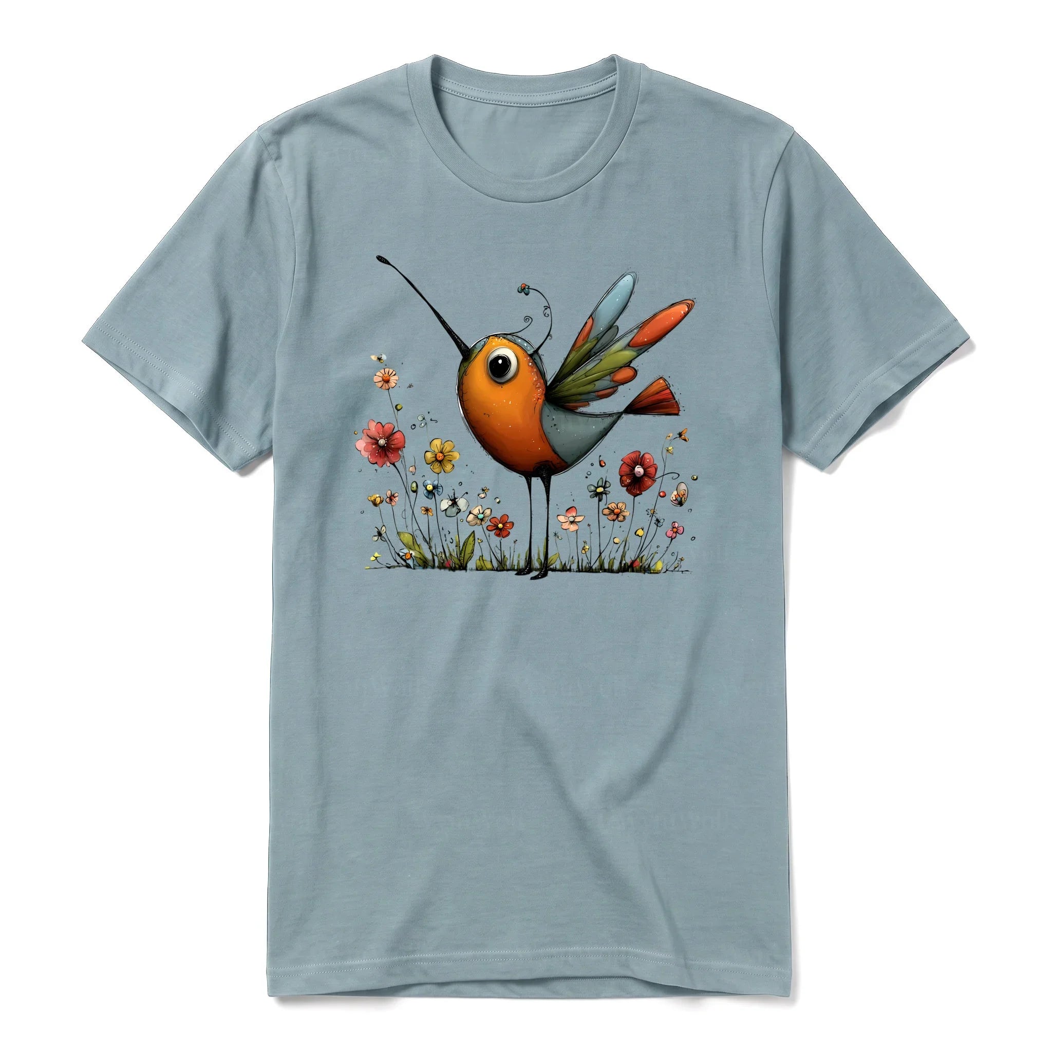 A sage short-sleeve crewneck t-shirt for adult featuring a graphic of a quirky bird on the front.