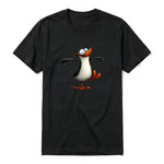 A black short-sleeve crewneck t-shirt for adult featuring a graphic of a quirky bird on the front.