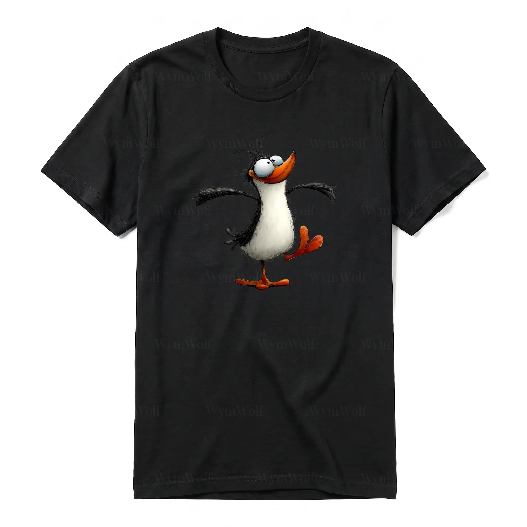 A black short-sleeve crewneck t-shirt for adult featuring a graphic of a quirky bird on the front.